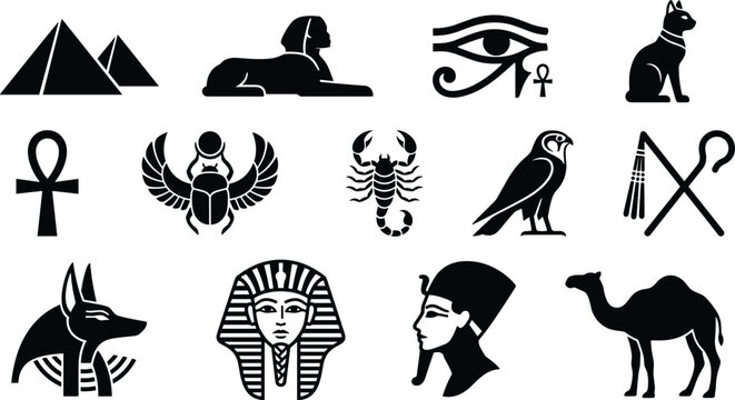 Ancient Egypt culture icons set featuring pyramids sphinx pharaoh tutankhamun nefertiti anubis scarab horus eye and camel vector silhouettes