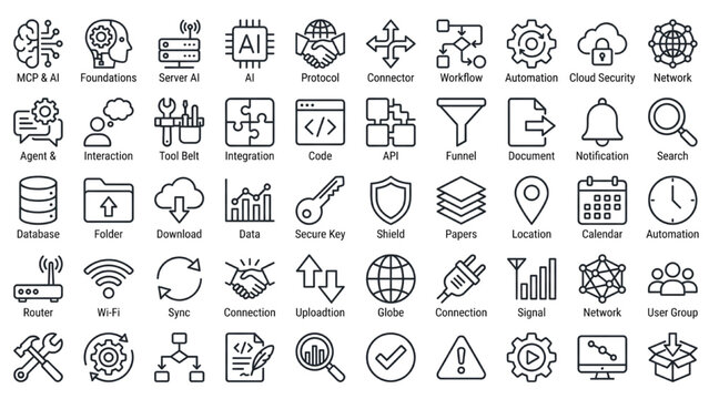 50 MCP Server Outline Icons Set, AI Agent Protocol, API Integration, Automation Workflow, Cloud Network and Database Vector Symbols