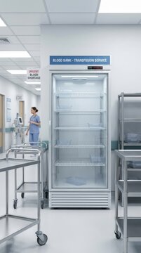 Empty laboratory refrigerators for medical supplies, healthcare shortage, cold chain disruption, hospital preparedness, public health.