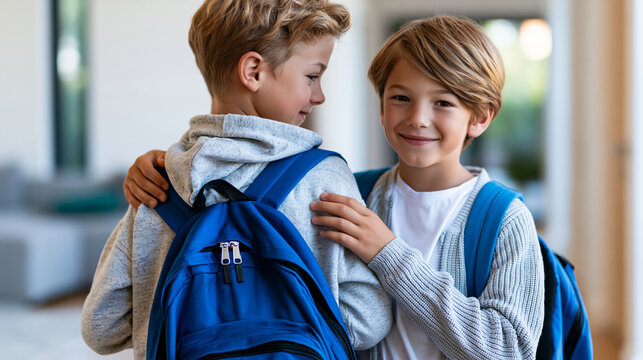 Faceless older brother helping younger brother get ready for school at home hallway as caring sibling support putting on backpack before class in happy kids morning routine,