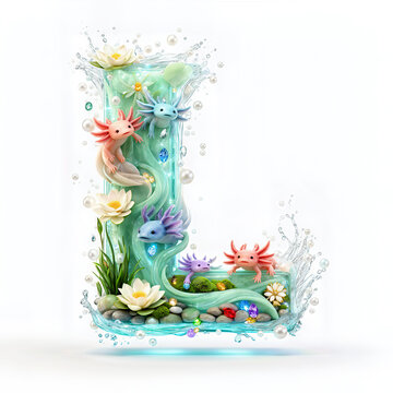 Letra L, ajolotes, agua, marco, flor, arcen, vector, floral, decoraciones, hojas, designio, navida, corona, ilustraci&oacute;n, naturaleza, cardar, arte, verano, f&aacute;brica, primavera, vacaciones, antique, rosa