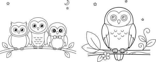 Obraz premium Cute Owl Family Coloring Page for Kids | Adorable Baby Owls Black and White Line Art Illustration