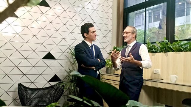 Two professionals in suits converse in a modern office with a geometric tile wall and lush plants by a window, suggesting a collaborative business discussion in a biophilic workspace.