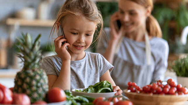 Faceless daughter and mother with phone call in kitchen as busy multitasking single parent makes school snack for girl child in apartment, single parent concept, family