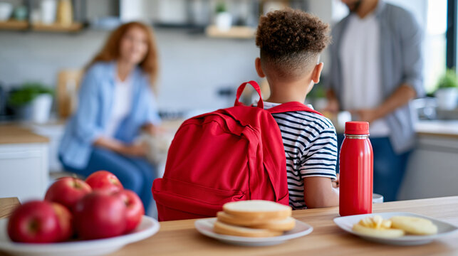 Faceless parents and child packing schoolbag in kitchen for morning routine breakfast or kindergarten support with family getting ready with bag in home for back to school