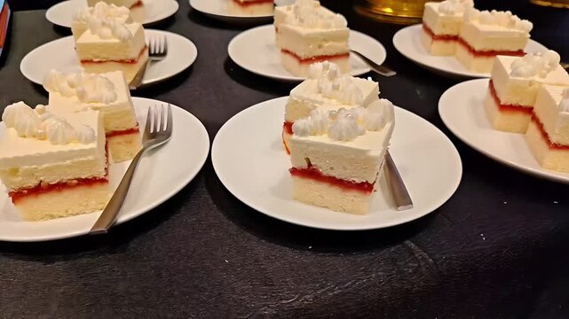 Vanilla gateaux sponge cake slices with strawberry jam, Bakery Pastry Dessert, Birthday Buffet Party, Patisserie Afternoon Tea Serving