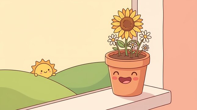 Cute cartoon sunflower and sun smiling on windowsill.