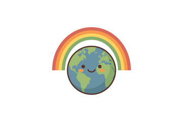 Obraz premium A cute cartoon Earth character with a smiling face positioned under a colorful rainbow.