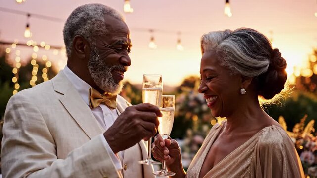 Senior African American Couple Toasting Champagne Flutes at Outdoor Golden Anniversary Celebration