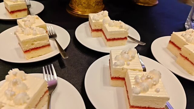 Vanilla gateaux sponge cake slices with strawberry jam, Bakery Pastry Dessert, Birthday Buffet Party, Patisserie Afternoon Tea Serving, Panning Shot