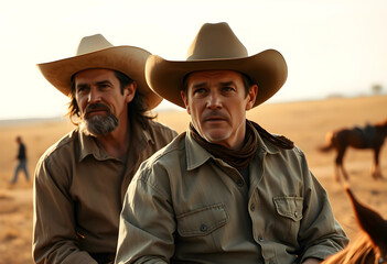 Fototapeta premium Two cowboys in hats outdoors in open field