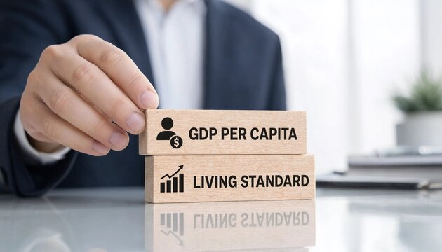 A man in a suit stacking wooden blocks with GDP per capita and living standard on a reflective surface in an office setting with blurred background