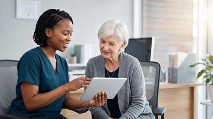 Fototapeta premium Smiling African nurse consulting senior Caucasian female patient in clinic office, using digital tablet to explain medical prescription, healthcare plan or elder care services illustration.
