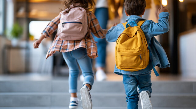 Faceless children getting ready for school jumping from stair with father taking them to school and kindergarten before going to work, energetic morning routine concept, family