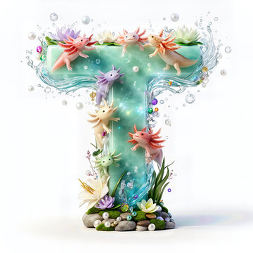 Letra T, ajolotes, agua, marco, flor, arcen, vector, floral, decoraciones, hojas, designio, navida, corona, ilustraci&oacute;n, naturaleza, cardar, arte, verano, f&aacute;brica, primavera, vacaciones, antique, rosa