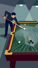 Flat Vector Illustration of a Man Playing Pool in a Dimly Lit Room, Focus on Geometric Shapes and Bold Colors, Pool Table with Balls and Cue Stick, Game Concept © Selvistudio