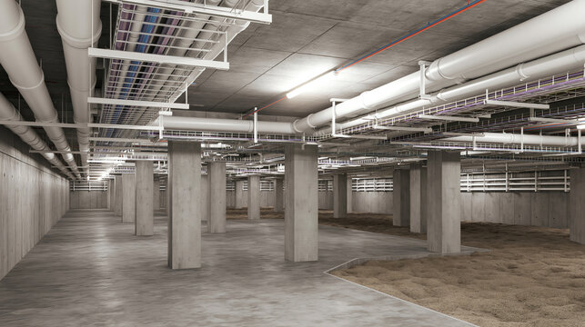 Industrial basement with exposed pipes and concrete structure