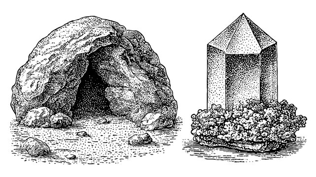 Small rock shelter beside crystal point on neutral surface
