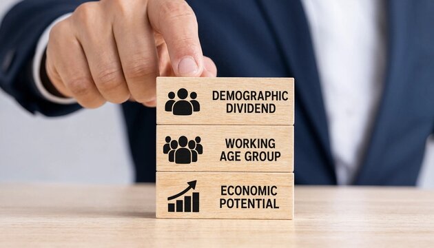Businessman holding wooden blocks with demographic dividend working age group economic potential  concept of population growth and development