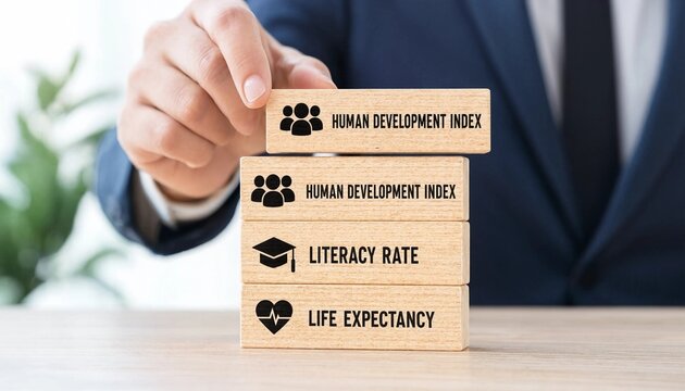 Businessman building wooden blocks with human development index literacy rate and life expectancy concepts on a desk in an office