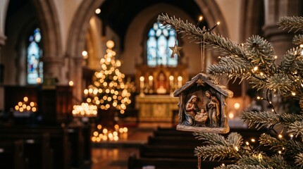 Fototapeta premium Christmas nativity ornament hanging on pine branch inside beautiful historic church with warm bokeh background. Traditional Christian holiday, advent, faith concept.