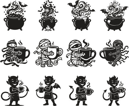 Cute halloween mummies devils and magic cauldron coffee vector set