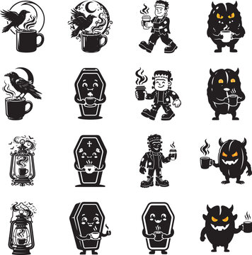 Halloween spooky monsters and creatures drinking coffee vector set