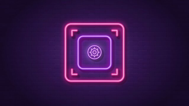 Glowing neon secure safe vault icon with digital protection concept on dark background