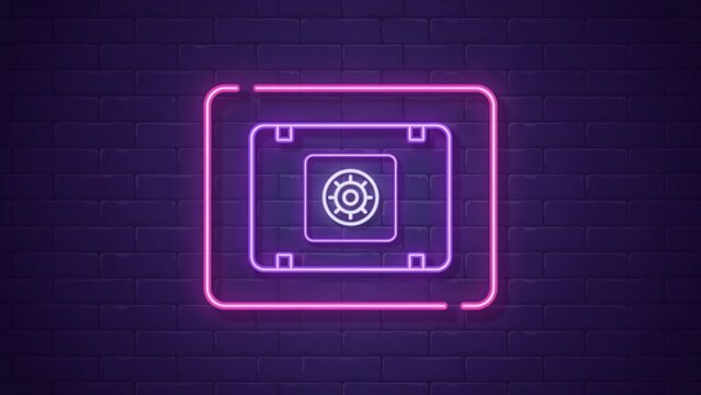 Glowing neon secure safe vault icon with digital protection concept on dark background