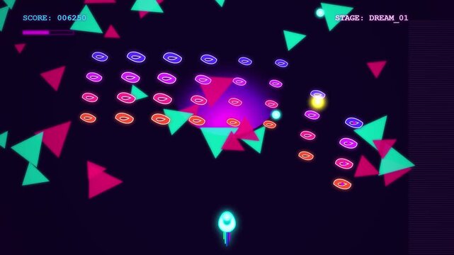 Neon abstract shapes moving in retro arcade style video game pattern