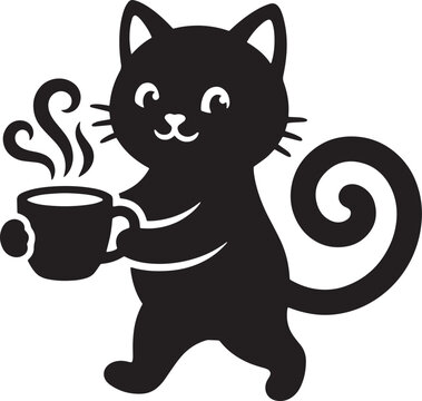 Cute black cat holding a steaming coffee cup vector silhouette