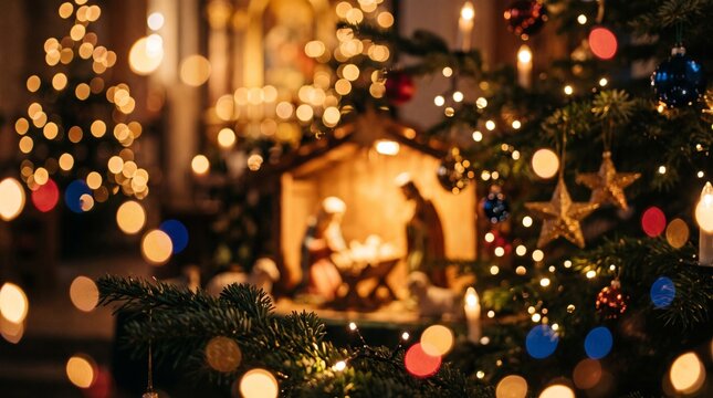 Christmas nativity scene with holy family figurine set against blurred glowing holiday lights tree background for festive commercial designs