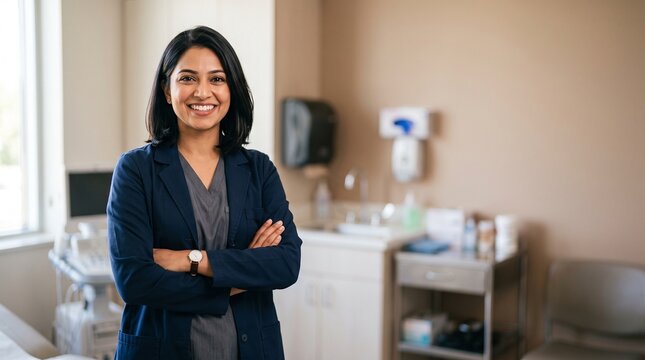 Confident Indian female healthcare administrator smiling in modern medical clinic office. Professional South Asian doctor or nurse practitioner standing with arms crossed for corporate health care.