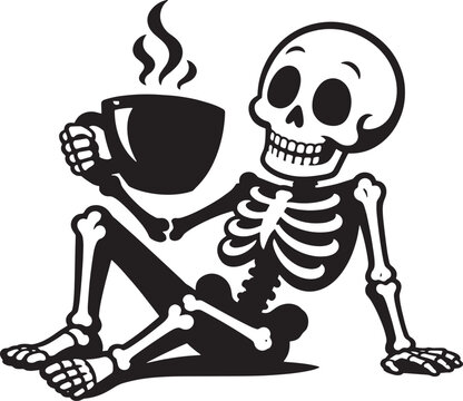 Relaxed skeleton sitting down and drinking a hot cup of coffee vector