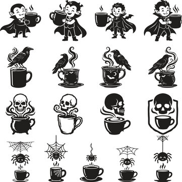 Halloween vampire raven skull and spider coffee concept vector set