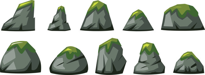 Vector collection of grey rocks and boulders covered with green moss in cartoon style for video game interface design © Yesrath Hasan