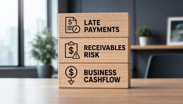 Wooden blocks with financial terms on a desk in a modern office late payments receivables risk business cash flow