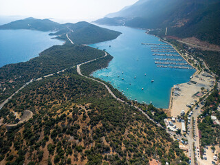 Obraz premium Aerial view of ancient theatre and modern yacht marina in Kas Antalya Turkey