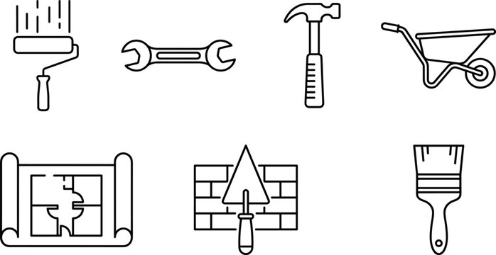 Set of construction building repair tools and masonry line icons for renovation architecture design