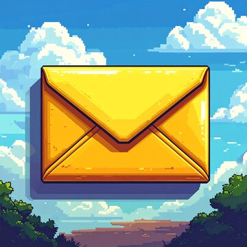 A golden envelope floats in a bright blue sky with fluffy clouds and green trees