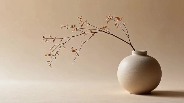 Dried twig in a beige ceramic vase