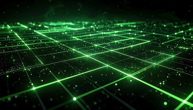 A futuristic digital landscape with neon green grid lines and dots on a dark background