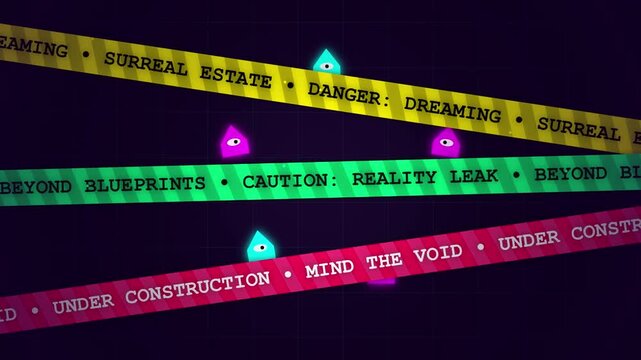 Abstract Caution Tape Background with Surreal Text and Floating Shapes