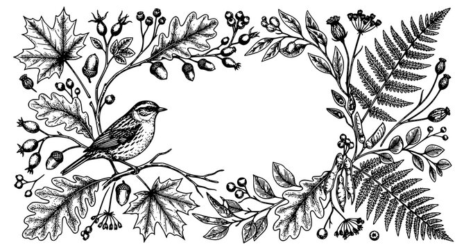 Hand Drawn Autumn Botanical Card with Dunnock Bird Sketch Elegant Floral Frame Vintage Vector Illustration