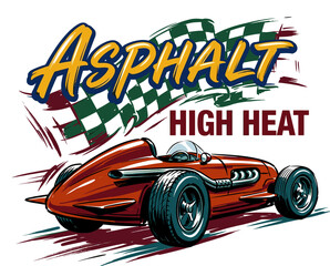 Fototapeta premium Retro racing car illustration. Vintage red racecar on track. Asphalt high heat vector graphic. Speed competition background.