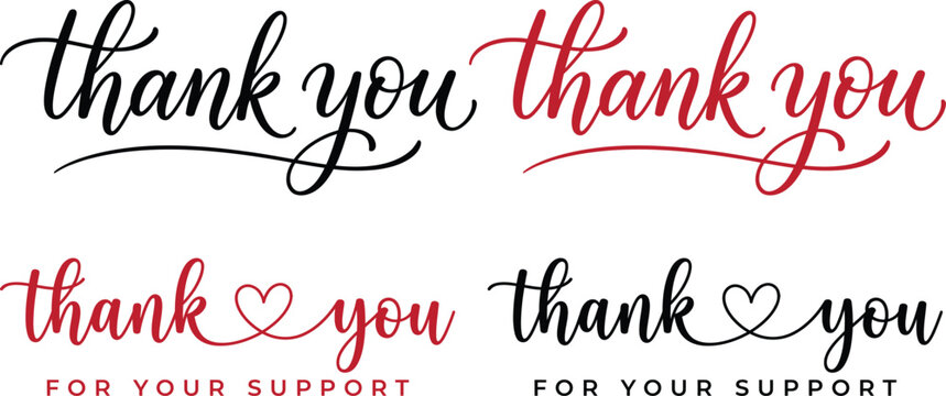 Thank You Typography with Heart and Support Message in Red and Black Featuring Cursive, Handwritten, Gratitude with Appreciation