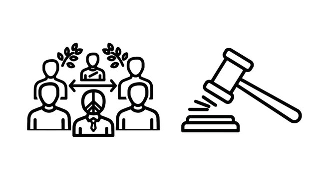 Community consensus or legal judge gavel icons representing collective agreement and justice system concept with community consensus agreement