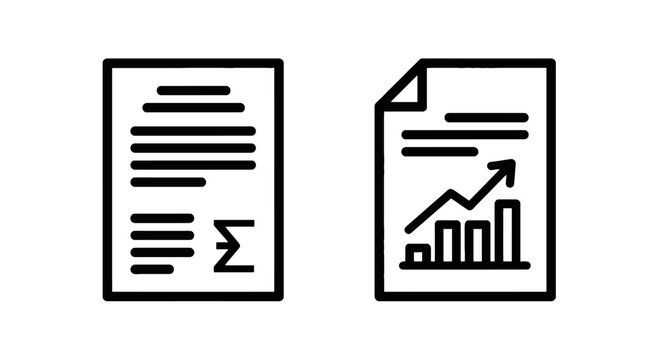 Set of professional document and financial report icons featuring data lines and a growth chart illustration document business accounting analysis