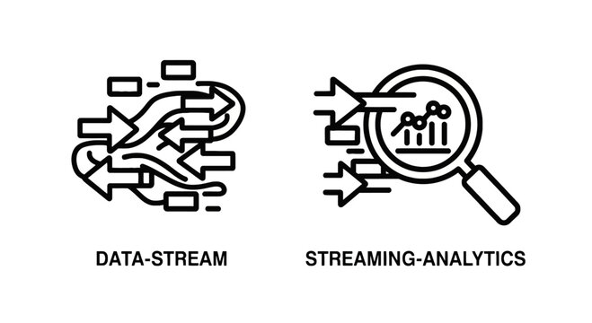 Data stream and streaming analytics icons for real-time processing with streaming analytics processing information magnifying research analysis