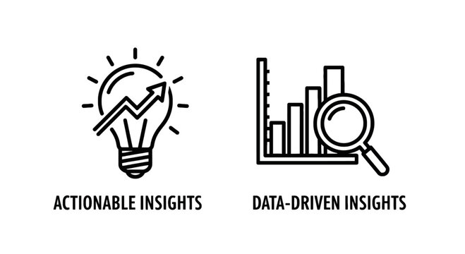 Actionable and data-driven insights icon set for business analytics and reporting with actionable insights analytics business lightbulb marketing